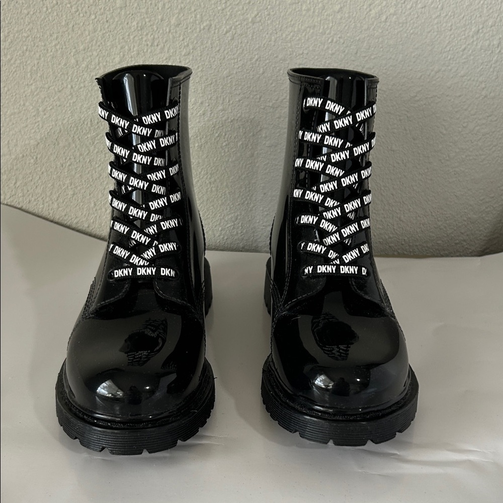 DKNY Shiny Black Combat Boots with Logo Laces
